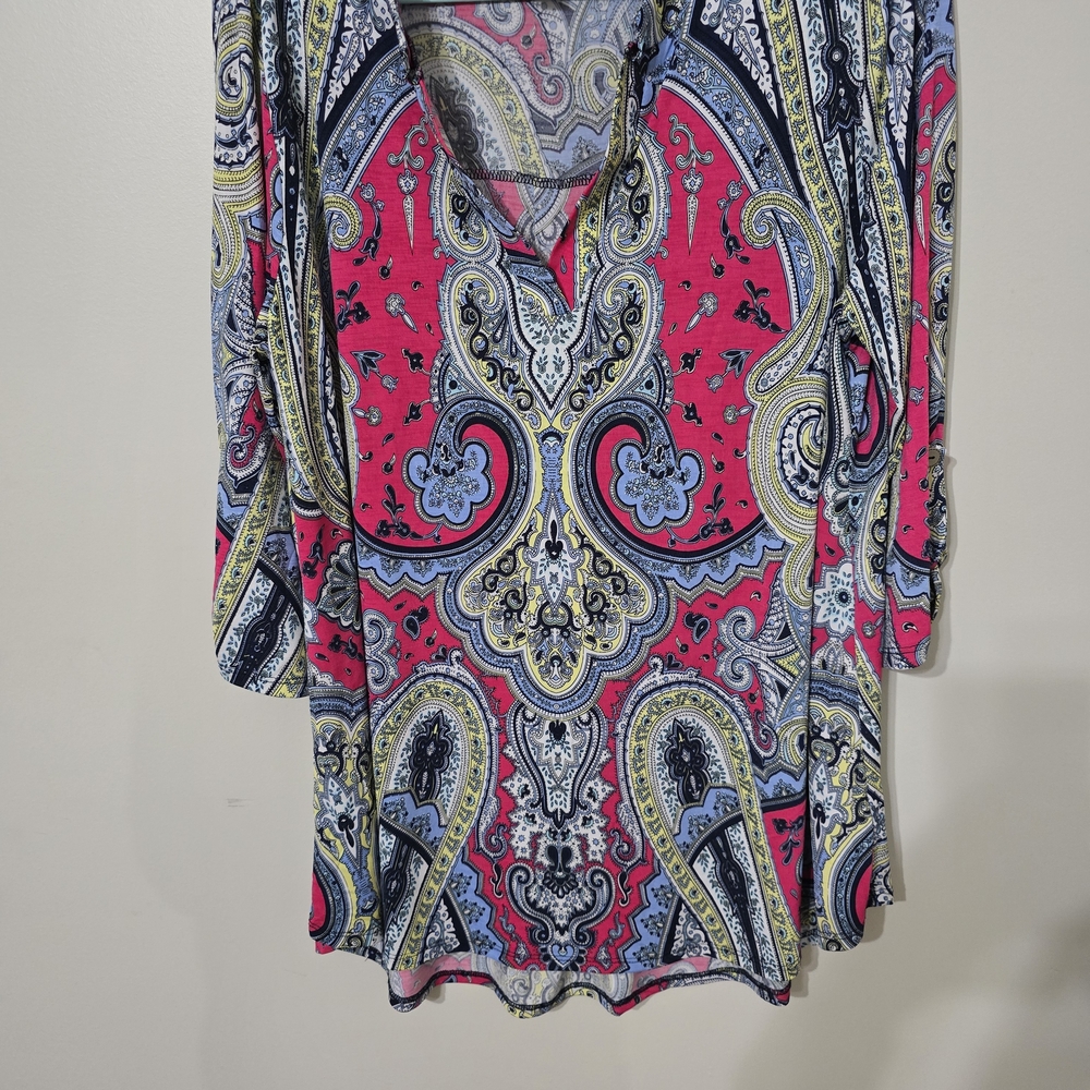 Honeyme Paisley V-Neck Blouse - Pink, Blue, and Yellow